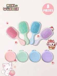 8pcs/2pcs Kids Casual Macaron Solid Color Air Cushion Small Comb And Folding Mirror Comb Set, Durable ABS Handle, Suitable For Hairstyling, Hair Salon, Barber, Hair Brush, Comb, Hair Accessories, Hair Products And Salon Supplies, Beauty Travel Essentials - Multicolor - View 1