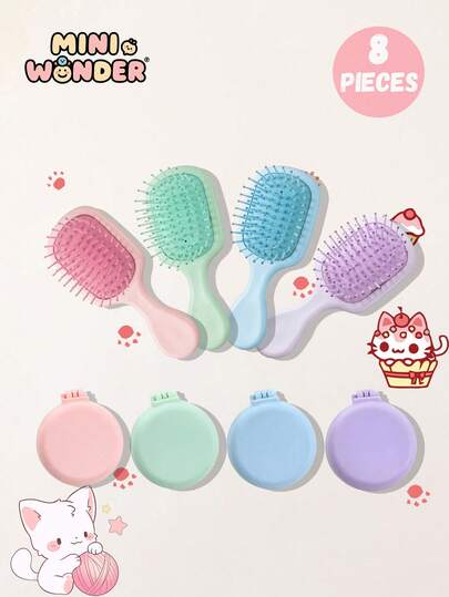 8pcs/2pcs Kids Casual Macaron Solid Color Air Cushion Small Comb And Folding Mirror Comb Set, Durable ABS Handle, Suitable For Hairstyling, Hair Salon, Barber, Hair Brush, Comb, Hair Accessories, Hair Products And Salon Supplies, Beauty Travel Essentials