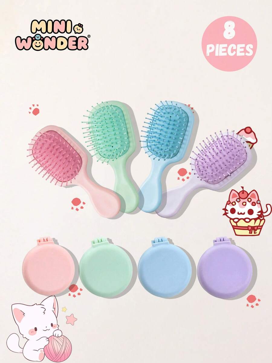 8pcs/2pcs Kids Casual Macaron Solid Color Air Cushion Small Comb And Folding Mirror Comb Set, Durable ABS Handle, Suitable For Hairstyling, Hair Salon, Barber, Hair Brush, Comb, Hair Accessories, Hair Products And Salon Supplies, Beauty Travel Essentials - Multicolor - View 1