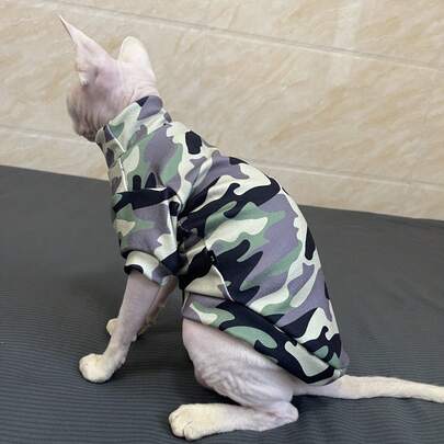 Quần áo cho mèo không lông, chất liệu mềm mại, họa tiết rằn ri màu xanh quân đội, dành cho mèo Sphynx.