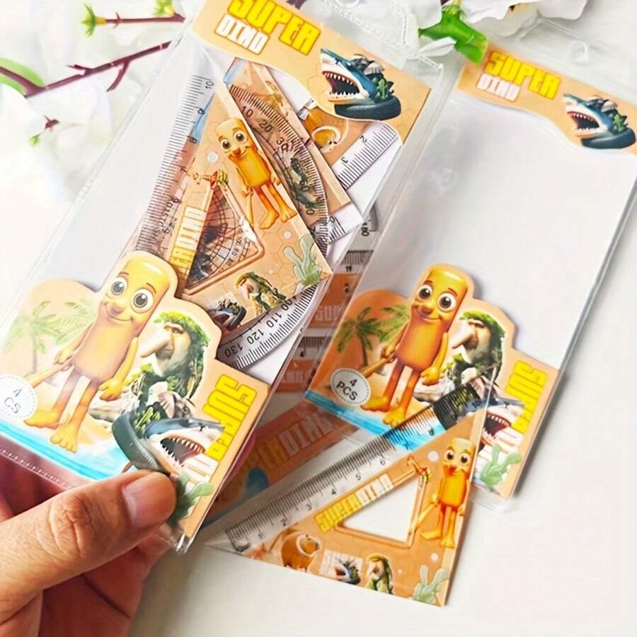 4pcs/Set Italian Inspired Cartoon Parasite Theme Stationery Ruler Set - Whimsical Italian-Style Design, Suitable For Office, Teaching And Drawing, School Essential, Fun Stationery, Sturdy Construction, Unique Writing Tools, Interesting Measuring Tools, Ideal Student Encouragement Prize, 2026 Christmas New Year Gift, Drawing Tools, High-Quality Materials - Multicolor - View 1