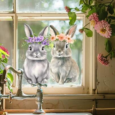 1pc Floral Wreath & Rabbit Translucent Window Sticker, Self-Adhesive Decor For Bedroom, Living Room
