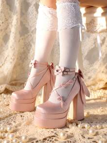 Bow Platform Chunky Heels For Women Satin Square Toe Mary Jane Cross Strap Pumps Elegant Outfits Party Dress Dancing Princess Shoes - 粉紅色2 - 查看 6