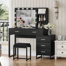 Tocador Minimalista Moderno con 5 Cajones y Estantes de Exhibición; Tocador con Silla de Tocador, Adecuado para Dormitorio, Vestidor o Sala de Estar - Negro - Ver 7