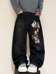 Justice Brother 1pc Korean Style Personalized 3D Embroidered Men's Black Denim Wide Leg Pants, Fashionable All-Season Versatile Casual Comfortable Long Trousers (Belt/Accessories Not Included) - Black - View 6