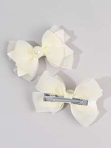 2pcs Solid Color White Hair Bows For Girls,Mesh Glitter Pearl Decor Hair Clips For Kids,Fashion Pearl Hair Accessories For Toddlers Gifts - White - View 8