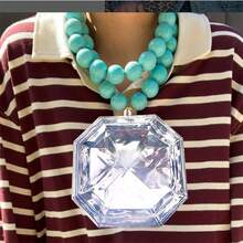 奢华串珠树脂水晶石多层夸张吊坠项链，镶嵌钻石油滴方形绿松石高端项链，女士适用，适合派对和日常佩戴 - 大吊墜 - 查看 2