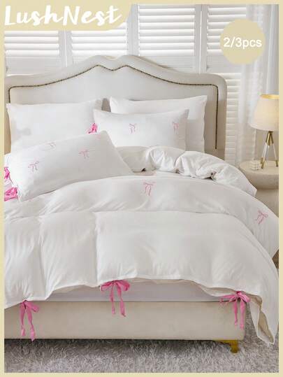 2pcs/3pcs White Solid Color Duvet Cover Set With Pink Embroidered Bow And Bottom Bow Ties, Includes 1 Duvet Cover And 2 Pillowcases Without Insert, Suitable For Room Decoration, Daily Polyester Fiber, Soft And Skin-Friendly, Indoor Bedroom, Master Bedroom, Guest Room, Secondary Bedroom, All-Season Use, Bow Detail Bedding, Romantic Decor, Girly Aesthetic, Affordable Luxury, Trending Home Styles
