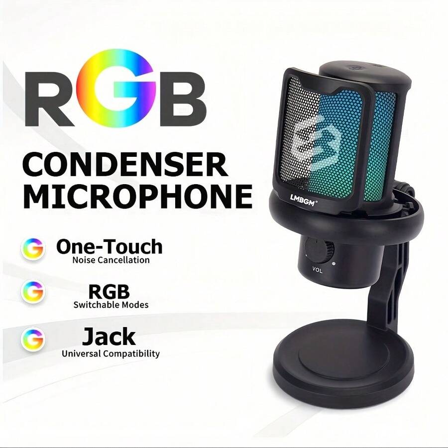 LMBGM V9 RGB 背光电容式麦克风，即插即用，USB 一键降噪，心形指向性，3.5mm 音频接口 - 清晰精准的音频采集，适用于电脑录音、直播、卡拉OK、游戏和电竞。 - 黑色 - 查看 1