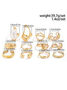 12pcs Vintage Gold Tone Open Rings Set, Creative Geometric Asymmetrical Lava Teardrop Rings, Exaggerated Hollow Design Rings, Baroque Asymmetric Pearl Decor Rings - Yellow Gold - View 6