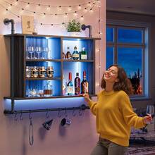 LED 4-Tier Industrial Pipe Floating Shelf 8 S-Hooks Wall Shelves For Kitchen Living Room Storage Cabinet - Dark Grey - View 7