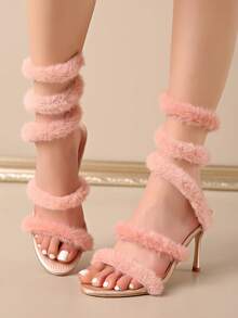 欧美风貂皮金色水晶装饰细高跟凉鞋，性感露趾单带派对女鞋 - 粉色 - 查看 3