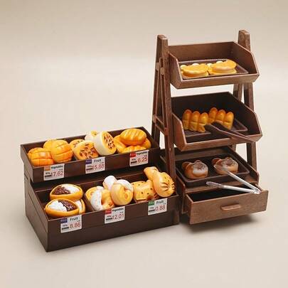 一套迷你面包架+食物+盘子+夹子，立式面包架，柜式面包架，精致微缩食物，面包微缩模型，面包甜点树脂小摆件，适合娃娃屋装饰，蛋糕店小礼品，随机食物款式