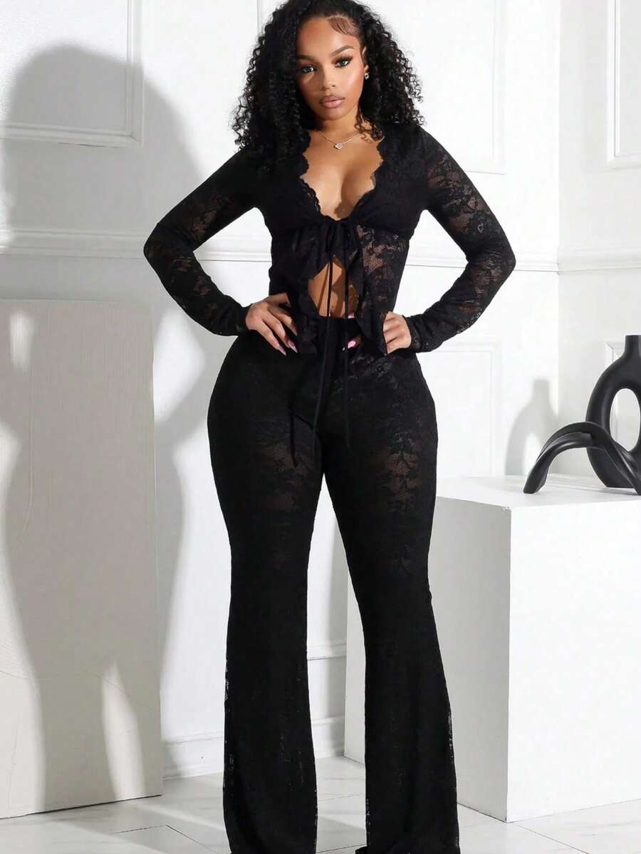 Women's Sexy White Lace Two-Piece Outfit With Deep V Neck Long Sleeve Top And Long Pants Semi-Sheer Knot Details Trajes Elegantes De Mujer Night Out Outfit Summer Vacation Outfits - 黑色 - 查看 1