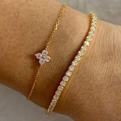 VceTd 两件套简约奢华不锈钢女士手链，采用玻璃镶嵌四叶花设计和网球链款式，适合日常通勤、外出、度假、派对，或作为情人节礼物送给爱人。