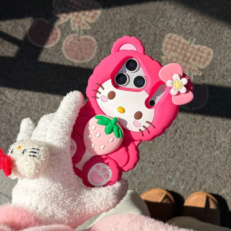2022 New 3D Cute Cartoon Pink Strawberry Hello Kitty Sanrio Phone Case Compatible With IPhone 17 Pro Max, 16 Pro Max, 15 Pro, 14, 13, 12, Fashionable Floral Design, Unique