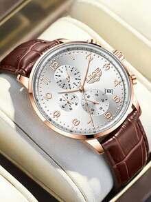 LIGE Men's Business Casual Watch Classic Three-Eye Clock Style Quartz Watch Waterproof Date Fashion Daily Wear, Gift Watch For Friends - Brown - View 11