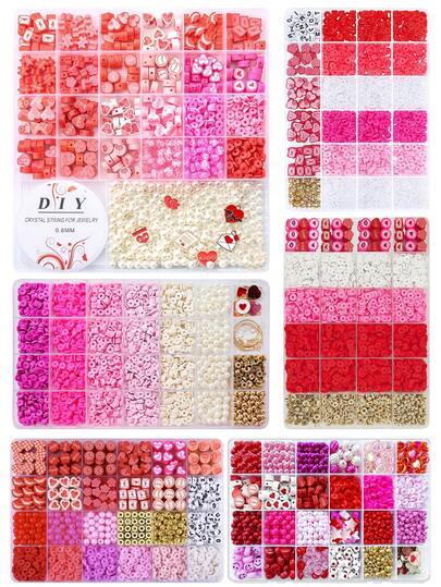 750/1000/1050/1320/1900/2200+ Pcs Valentine's Day DIY Jewelry Making Kit, Pink & Red Bead Set Includes Faux Pearl, Heart/Letter Pendant, Letter Beads, Elastic Cord, Ideal Gift For Adults To Make Romantic Handmade Accessories Such As Bracelets, Necklaces And Valentine's Crafts