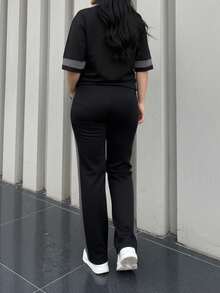 2pcs Women's Spring/Autumn Round Neck Short Sleeve T-Shirt And Elastic Waist Loose Pants Set, Casual Daily Wear - Black - View 5