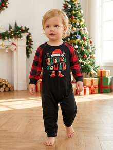 Family Matching Christmas Pajamas, Hat  Letter Print Long-Sleeved Tops + Plaid Pattern Trousers Sleepwear Outfits - Black and Red - View 8