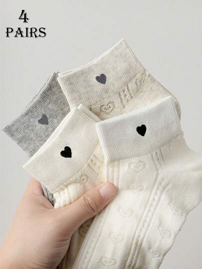 4 pares de calcetines de mujer con diseño de corazón de unicolor, de material transpirable y cómodo, de moda, adecuados para deportes, uso casual, vacaciones, regalos, colores aleatorios