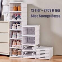 12 Tier Clear Shoe Storage Boxes Plastic Stackable Organiser Containers Bins, DIY Easy Assembly, Sturdy & Durable, Space Saving, White Door Frame - White - View 2