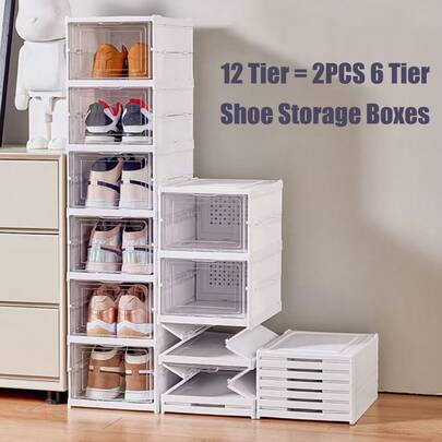 12 Tier Clear Shoe Storage Boxes Plastic Stackable Organiser Containers Bins, DIY Easy Assembly, Sturdy & Durable, Space Saving, White Door Frame