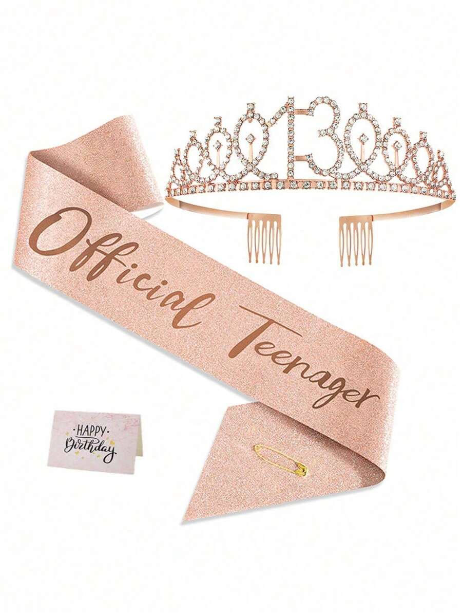 13th Birthday Crown & Sash Set, Rose Gold Tiara, Teen Gifts - 13 - View 1