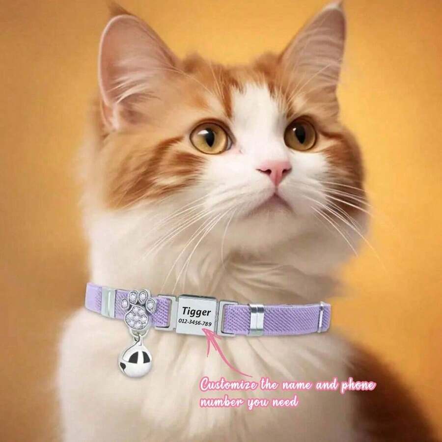 Stainless Steel Cat Paw Carved Collar With Rhinestone Bell Pendant, Purple Elastic Cat Paw Collar Customizable Polyester Pet Cat Bell Collar, Can Customize Name And Phone Number, Best Gift For Cat Lovers - Multicolor - View 1