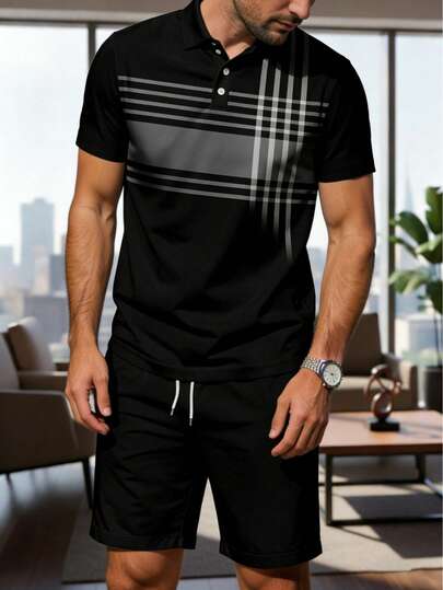 男士休闲柔软 Polo 衫和短裤套装