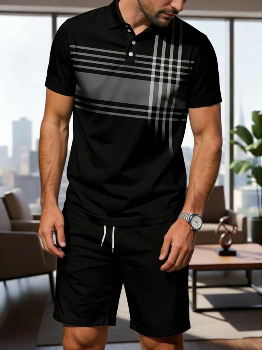 男士休闲柔软 Polo 衫和短裤套装 - 彩色 - 查看 1