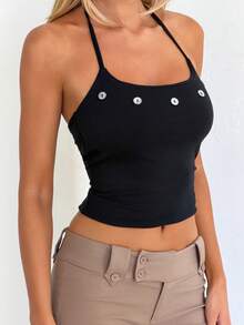 Women's Y2K Retro American Style Button Spaghetti Strap Cropped Camisole Top, Summer Casual Black - Black - View 2