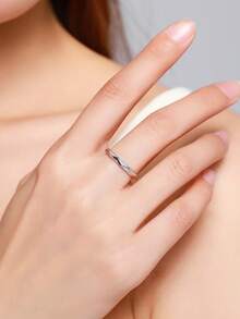 1pc Vintage 925 Sterling Silver Geometric Design Ring With Cubic Zirconia, Elegant Jewelry Gift For Women - Silver - View 2