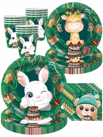 50Pcs Jungle Animal Birthday Party Supplies Set - Adorable Bunny & Giraffe Pattern Disposable Paper Plates Cups & Napkins | Festive Tableware For Kids Forest Theme Birthday Celebrations & Animal Lover Gatherings | Vibrant Green Jungle Decor For Home Party Favors & Children's Holiday Celebration Essentials