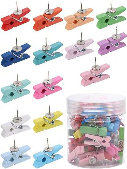 50pcs Push Pins, Clip With Pins, Wooden Clips, Plastic Clips, Clear Plastic Clips, Suitable For School, Teacher, Classroom, Office, Memo Board, Whiteboard, Poster, Cork Board