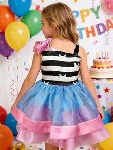 条纹连衣裙配发带，生日派对服装，嘉年华和复活节服装套装 - 淺藍色 - 查看 4