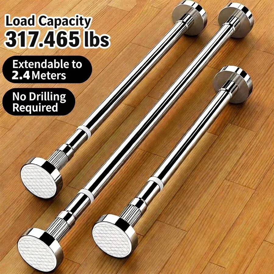 重型 304 不锈钢可调节窗帘杆，无需钻孔，承重 317.465 磅，适用于窗帘、衣柜、浴室（长度 7.87 英尺） - 銀色 - 查看 1