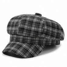 1顶女士休闲格子八角帽，时尚百搭复古贝雷帽黑色贝雷帽 - A - 查看 3