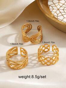 3pcs/Set Stainless Steel 18K Gold Plated Fashionable Geometric Line Design Rings Set, Suitable For Women's Daily Wear