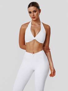 Sodalemon Women's 2 Pieces Workout Set, Twist Back Camisole Sports Bra, Seamless, Twist Waist Band, Seamless Tight Yoga Pants, Solid Color Outdoor Casual Sports Suit - White - View 8