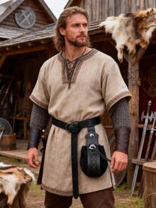 2pcs Medieval Viking Retro PU Leather Printed Pouch Belt, Extra Long Waist Belt, Party Carnival Viking Warrior Knight Costume Prop