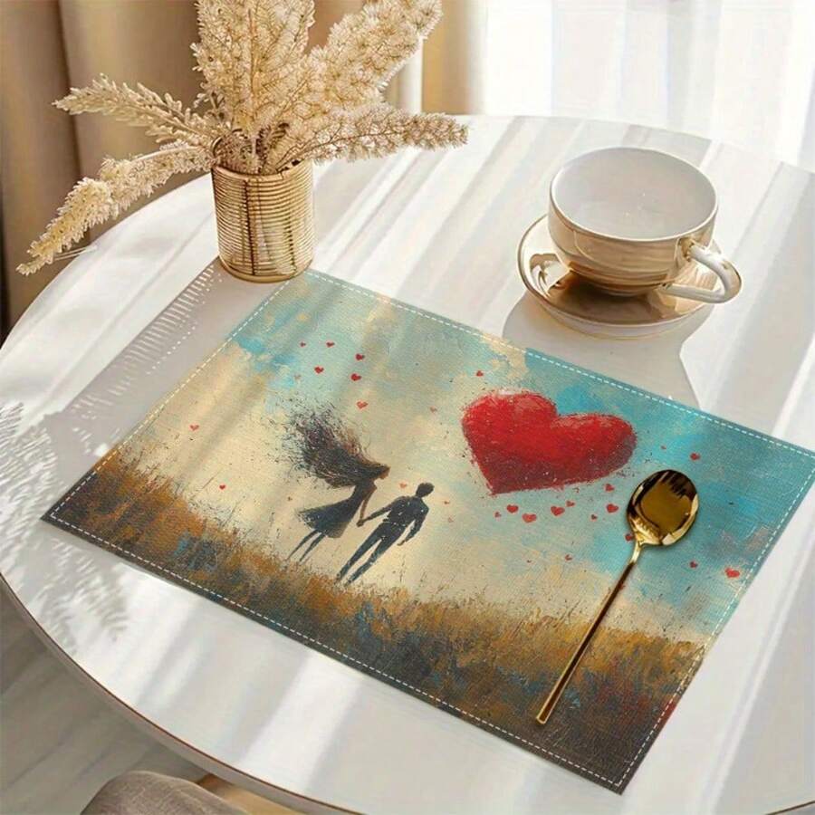 4 Romantic Couple Hand-In-Hand Placemats - 12x18-Inch Rectangular Polyester Placemat With Heart-Shaped Balloon And Gold Spoon Design, Hand-Washed Only, Suitable For Dining Tables, Kitchens, Holiday Parties And Daily Home Decor - / 30 * 45 cm / 12 * 18 Inches - View 1