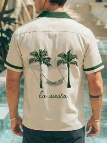 两件装男士亚麻印花度假衬衫，复古领上衣，撞色缎面保龄球衫，高端优雅奢华夏季衬衫 - 彩色 - 查看 2