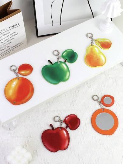 1 pieza Espejo colgante de PU, Serie de frutas, Mini espejo de maquillaje de viaje, Accesorio portátil de mano para bolsos