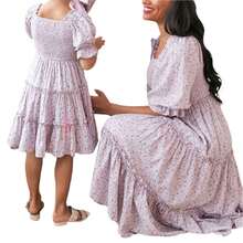 Mommy And Me Dress Mother And Daughter Matching Family Outfits Summer Mom And Girls Square Neck Maxi Dress - 紫色 - 查看 2