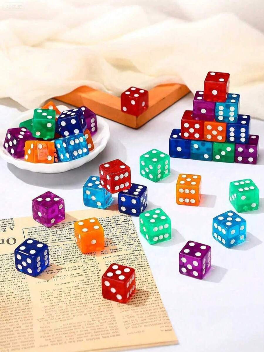 30pcs Casino Style Dice Set, Acrylic Semi-Transparent D6 Dice, Square Rounded Corners, Suitable For Casino, Dice Games, Tabletop Games, Board Games, Holiday Parties, Birthday Game Props - Multicolor - View 1