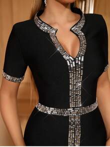 Love Aing 女士黑色正式礼服，手工镶嵌亚克力水钻，奢华优雅V领前开衩设计，适合婚礼、宴会、晚宴、商务场合、舞台表演等春季穿着。 - 黑色 - 查看 11