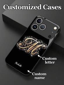 1 ốp lưng điện thoại bằng kính cường lực in chữ cái mạ vàng tùy chỉnh, tương thích với iPhone 17 Pro Max/17 Air/15/16 Pro/14 Plus/13 Pro/12 Pro Max/11/Xs Max/8/7/6 Plus, S24 Ultra/S25 Ultra, Redmi NOTE 13/14, Redmi K40, Mi 11, quà tặng doanh nhân thời trang tùy chỉnh, phong cách lấp lánh sang trọng. - màu đen - Xem 3