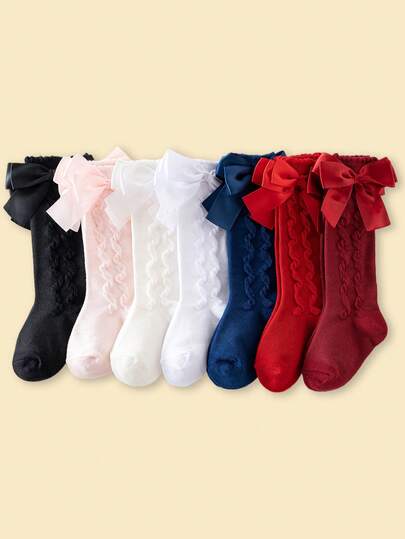 Girls' Double-Layer Bow Solid Color Knee High Socks