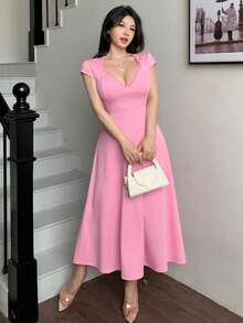 abyoxi 女士粉色短袖深V领蕾丝边A字中长连衣裙，复古优雅性感休闲风，适合日常穿着、约会、派对、正式晚宴，春夏修身连衣裙 - 粉色 - 查看 7